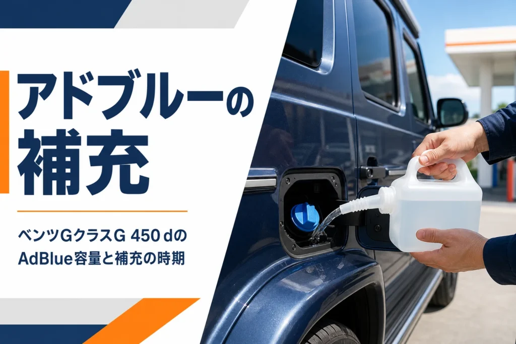 大型SUVの青いキャップの補充口に尿素水を注ぐ手元