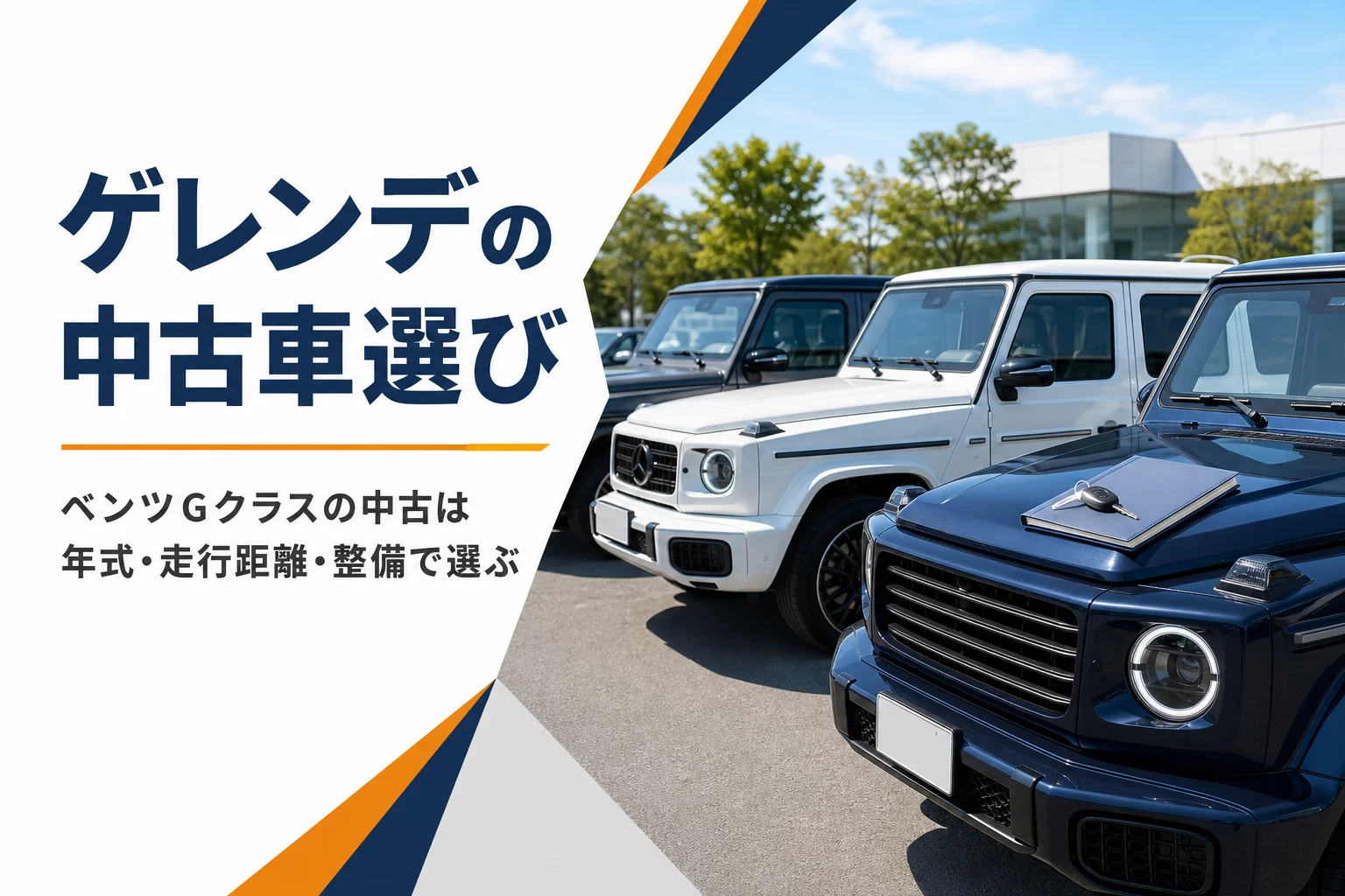 中古車展示場に並ぶ色違いの四角い大型SUV