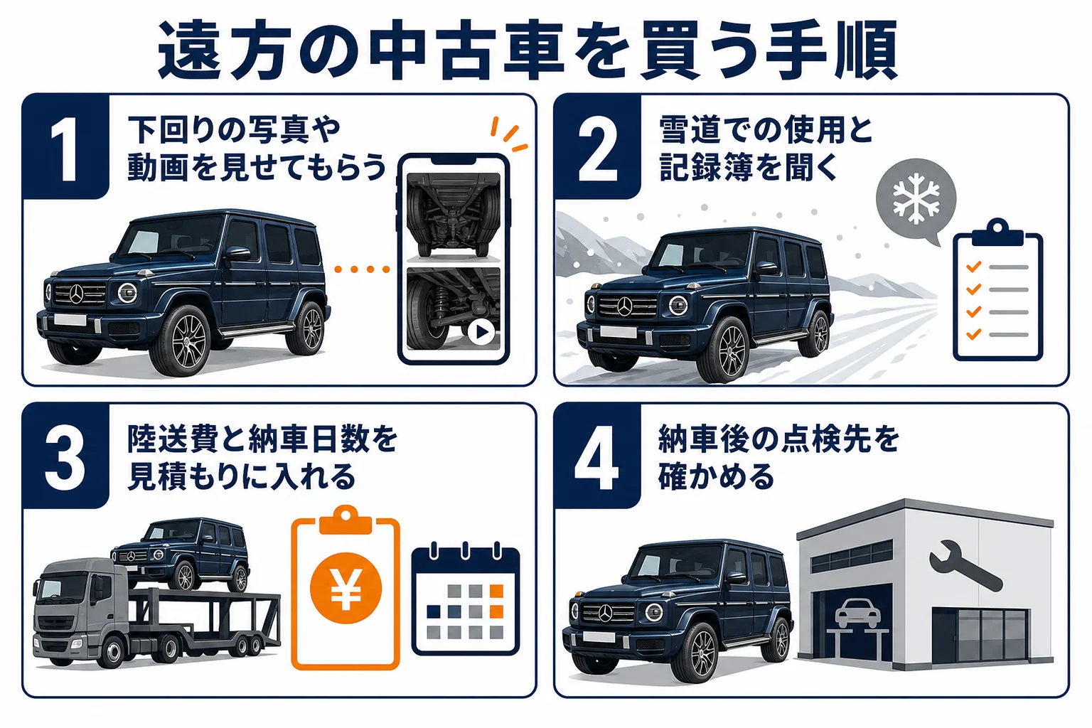 遠方のベンツGクラス中古車を買う時の手順を示した図解