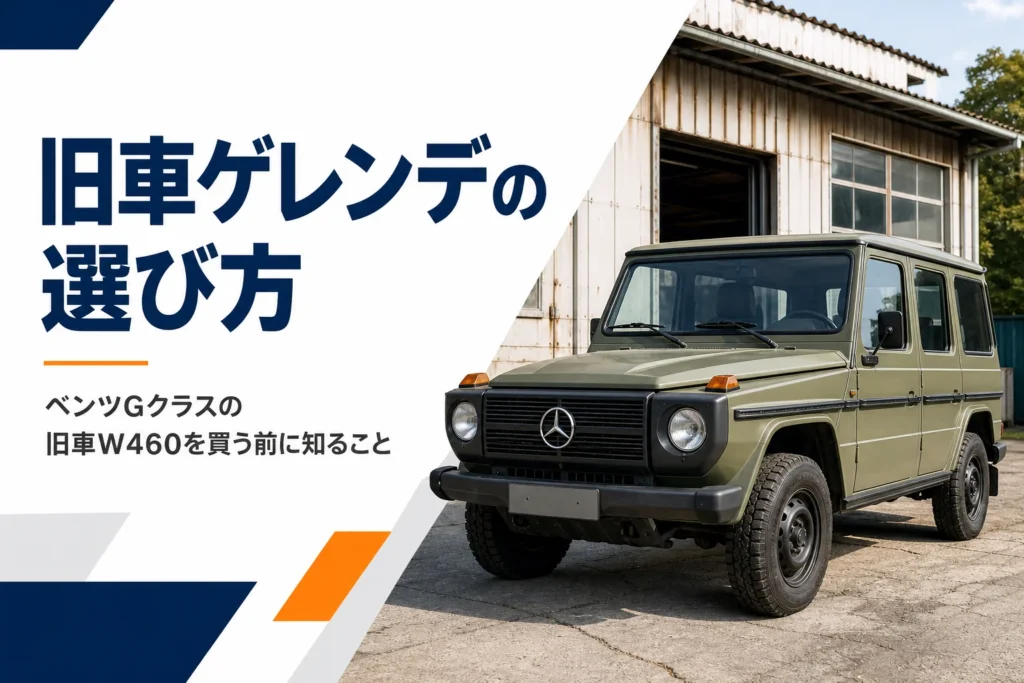 整備工場の前に停まる古い四角いクロスカントリー車で、旧車のGクラスを紹介する記事のアイキャッチ