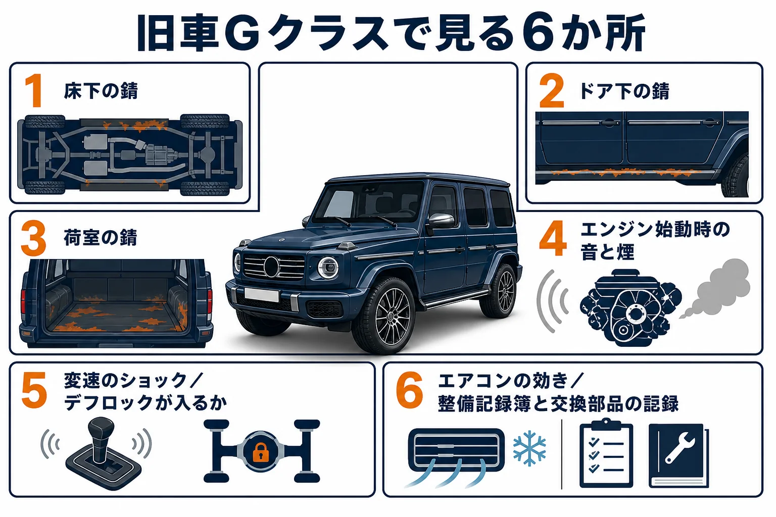 旧車のGクラスを買う前に見る6つの箇所をまとめた図解