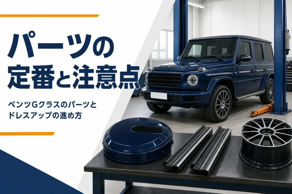 整備工場に止まった角ばったSUVと作業台に並んだ外装パーツ