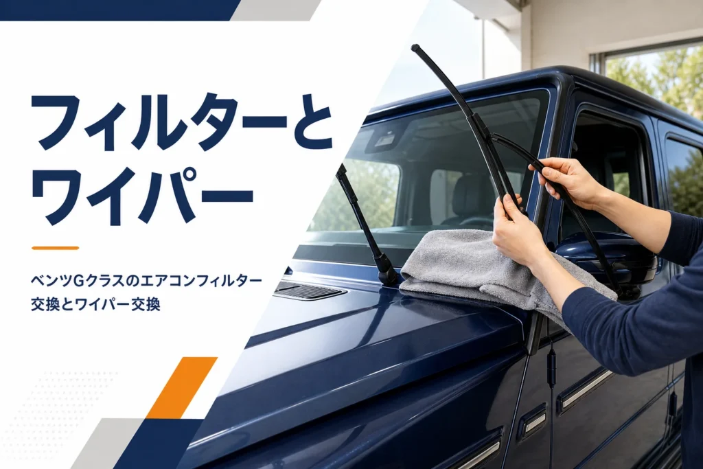 大型SUVのフロントガラスでワイパーブレードを交換している手元
