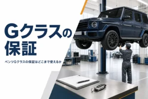 整備工場のリフトで点検を受ける四角い大型SUV