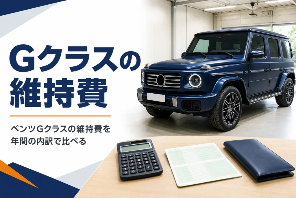 ガレージに停まる四角い大型SUVと電卓が置かれたテーブル