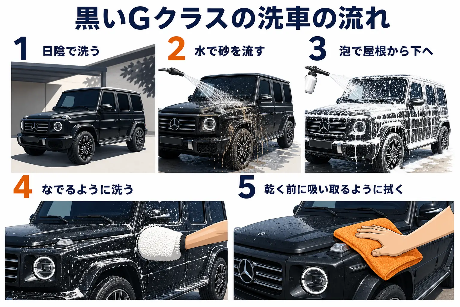 黒いベンツGクラスを傷を増やさずに洗う5つの手順の図解
