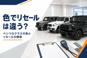 黒・白・マットグレーの角ばったSUVが並ぶ査定スペース
