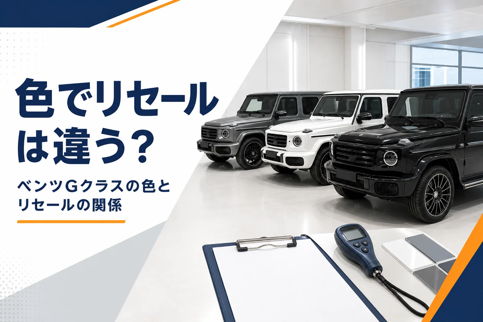 黒・白・マットグレーの角ばったSUVが並ぶ査定スペース