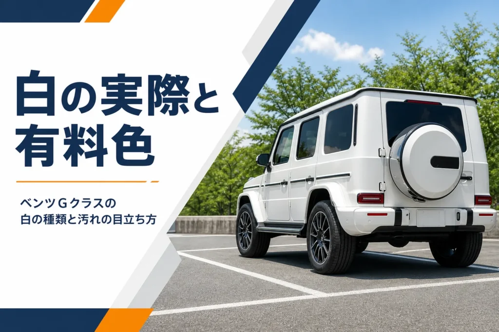 晴れた屋外に止まった白い角ばったSUVの斜め後ろ姿