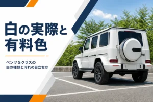 晴れた屋外に止まった白い角ばったSUVの斜め後ろ姿
