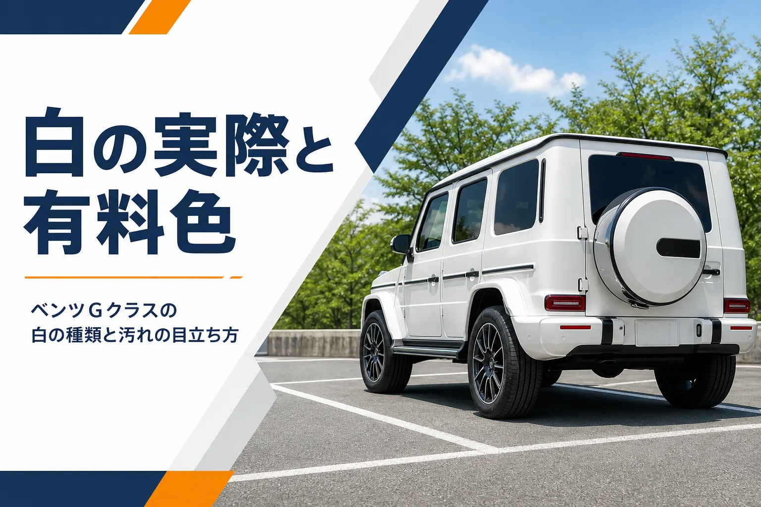 晴れた屋外に止まった白い角ばったSUVの斜め後ろ姿