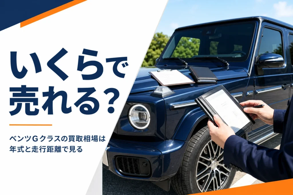 角ばった大型SUVの横で査定用のクリップボードを手にしている様子の買取相場記事のアイキャッチ