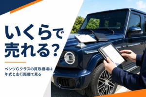 角ばった大型SUVの横で査定用のクリップボードを手にしている様子の買取相場記事のアイキャッチ