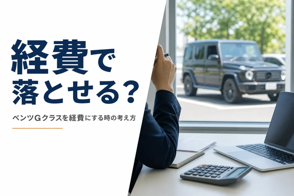 電卓と書類が置かれた机と窓の外に見える四角い大型SUV