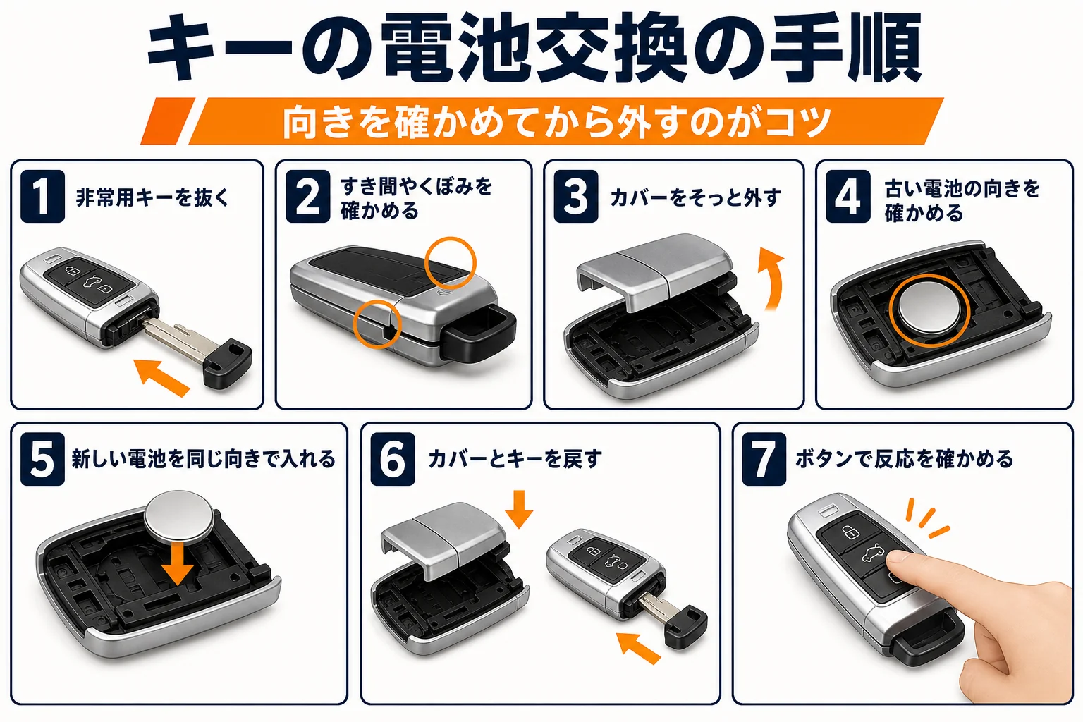 Gクラスのスマートキーの電池交換の手順を7つに分けた図解