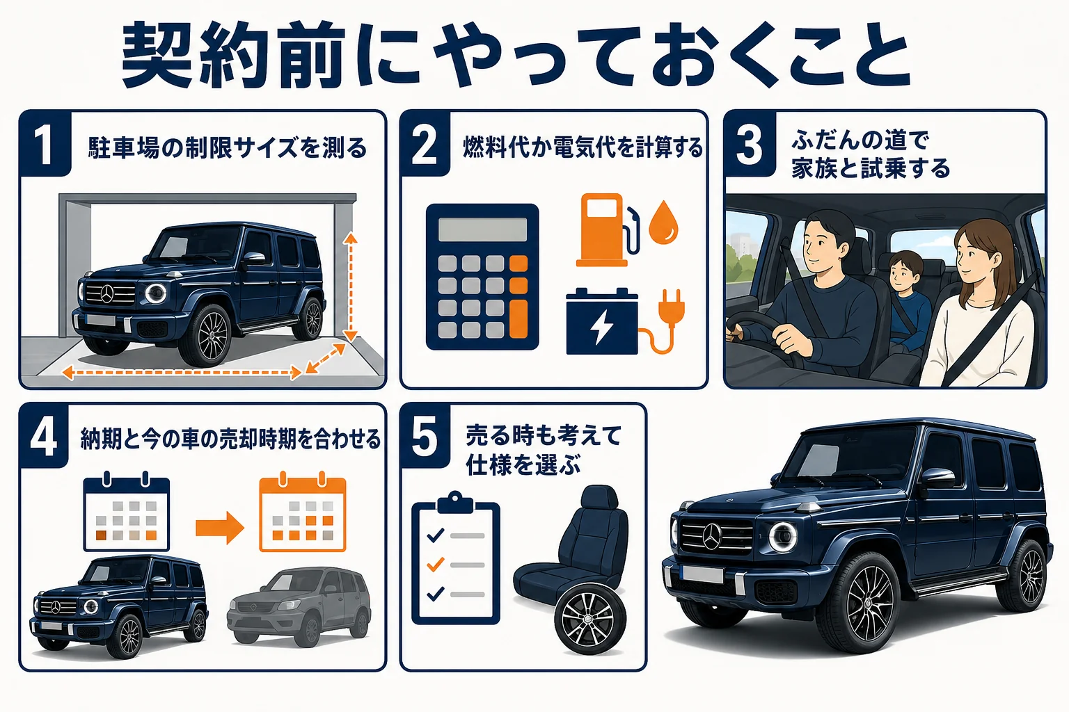 ベンツGクラスを契約する前にやっておくことを順番に示した図解