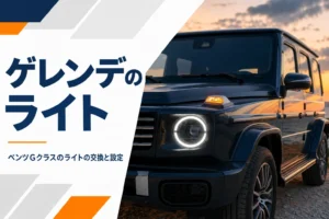 大型SUVの丸いLEDヘッドライトとフェンダー上のウインカーが点灯している様子
