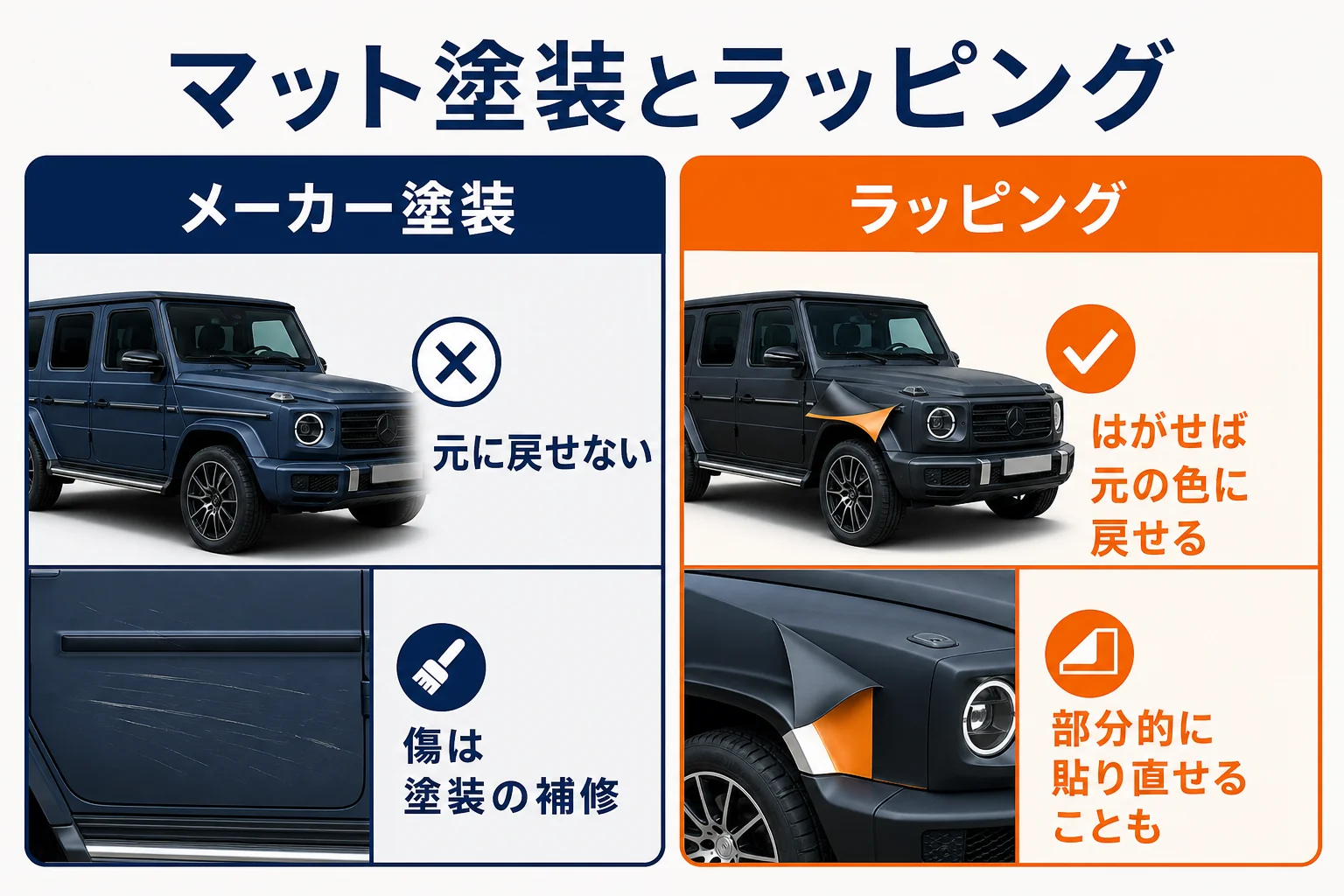 ベンツGクラスのメーカーのマット塗装とマットのラッピングを比べた図解