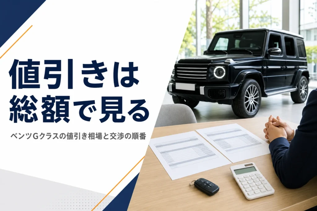 見積書2枚と電卓を並べた商談テーブルと奥の四角いSUVを写したGクラスの値引き記事のアイキャッチ