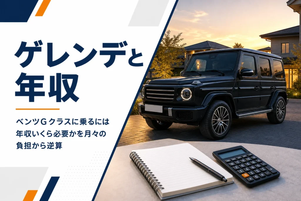 住宅の駐車スペースに停まる角ばった黒いSUVと電卓