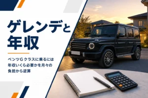 住宅の駐車スペースに停まる角ばった黒いSUVと電卓