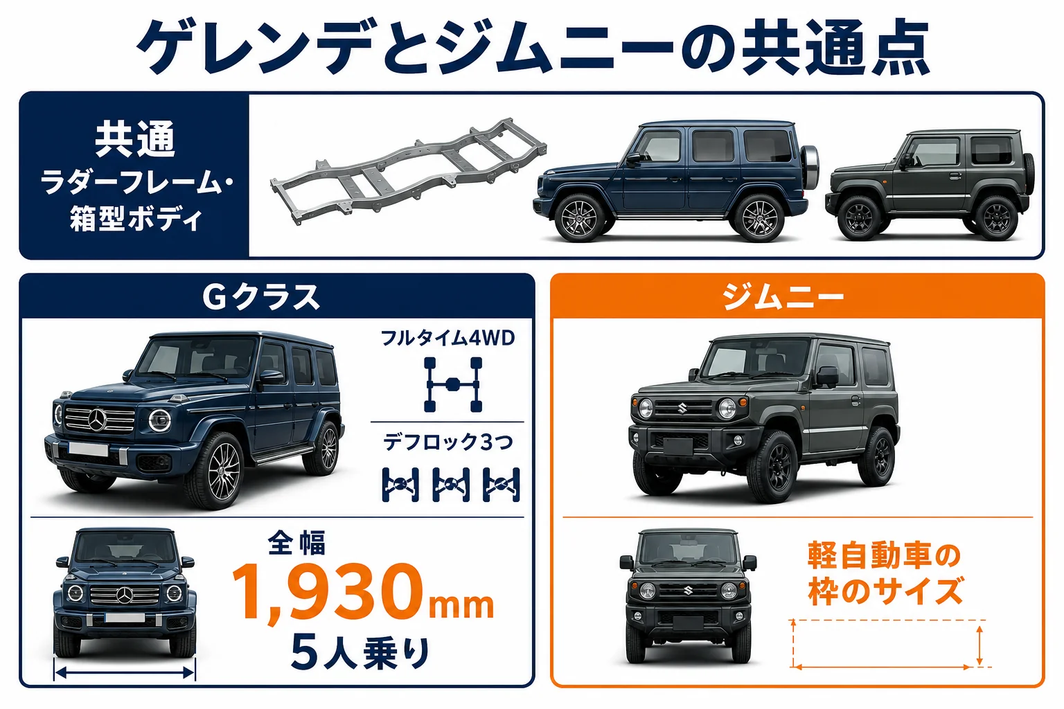 ベンツGクラスとジムニーの共通点と違いを並べた図解