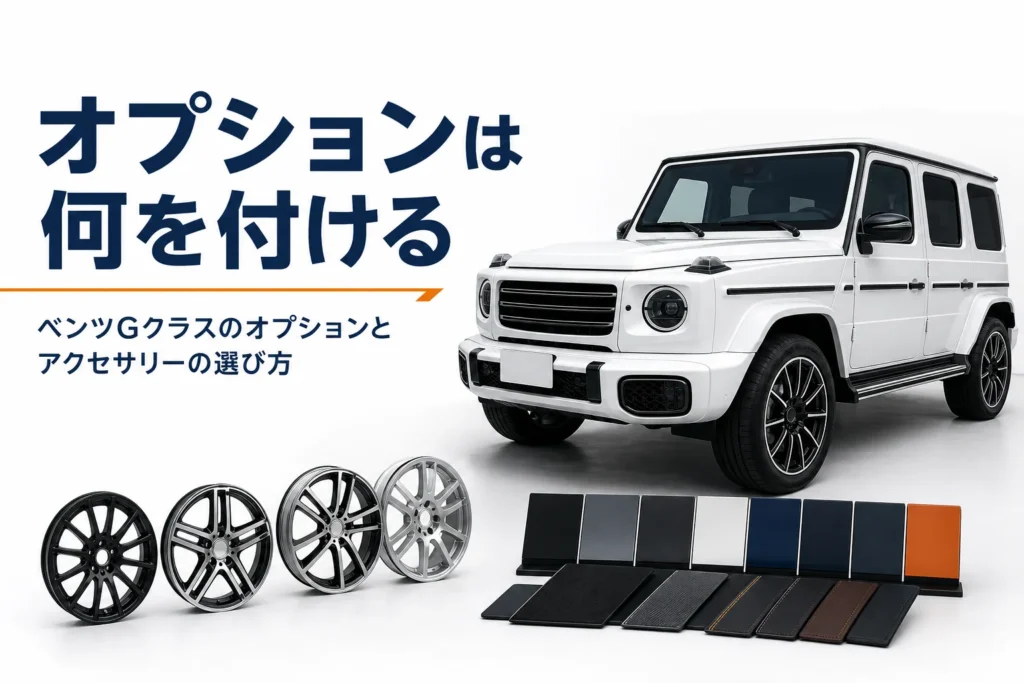 角ばったSUVと塗装見本板・アルミホイールが並ぶスタジオ