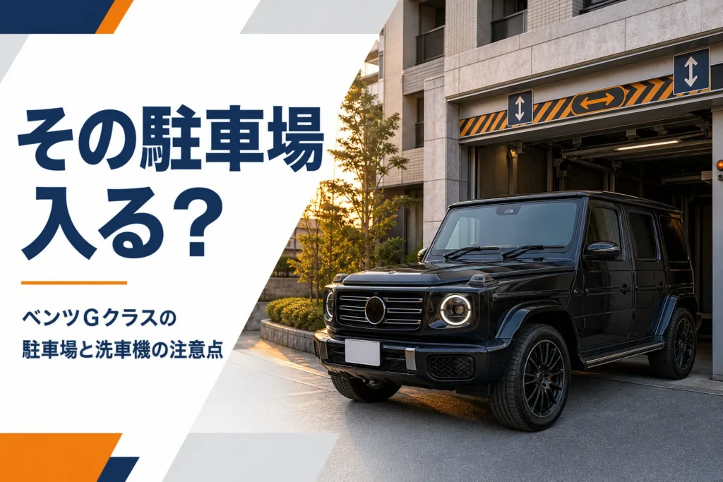 機械式駐車場の入口前に停まった四角いSUVを写したGクラスの駐車場記事のアイキャッチ