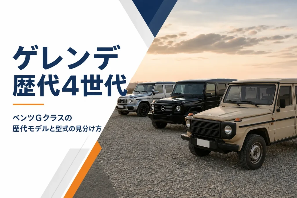 年代の違う四角いSUVが並ぶ、Gクラスの歴代モデルを紹介する記事のアイキャッチ