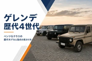 年代の違う四角いSUVが並ぶ、Gクラスの歴代モデルを紹介する記事のアイキャッチ