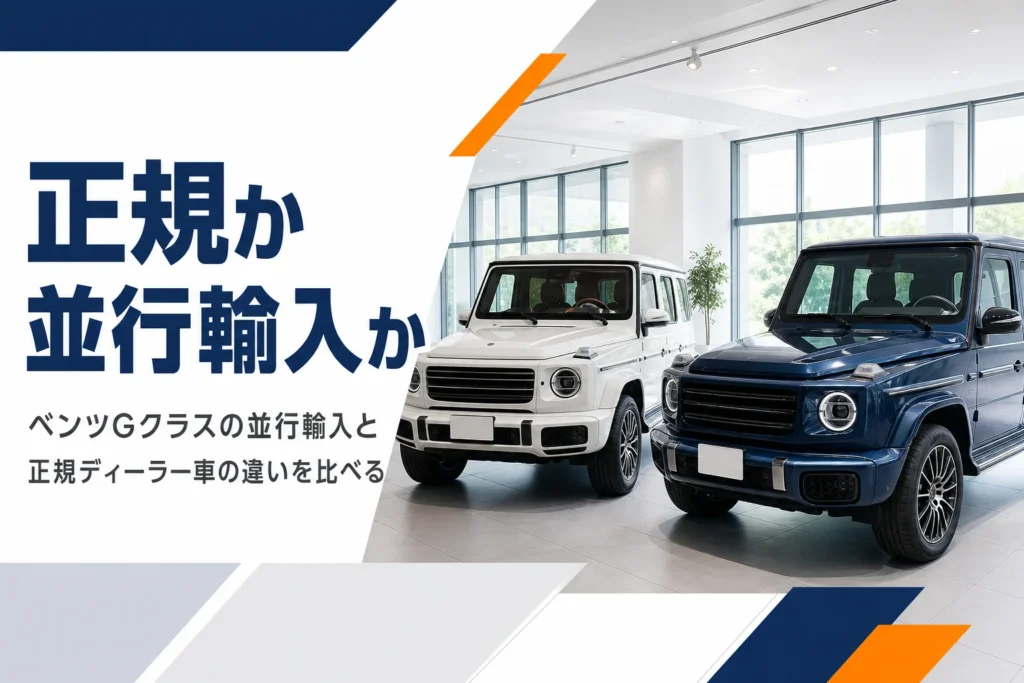 ショールームに並ぶ右ハンドルと左ハンドルの角ばったSUV