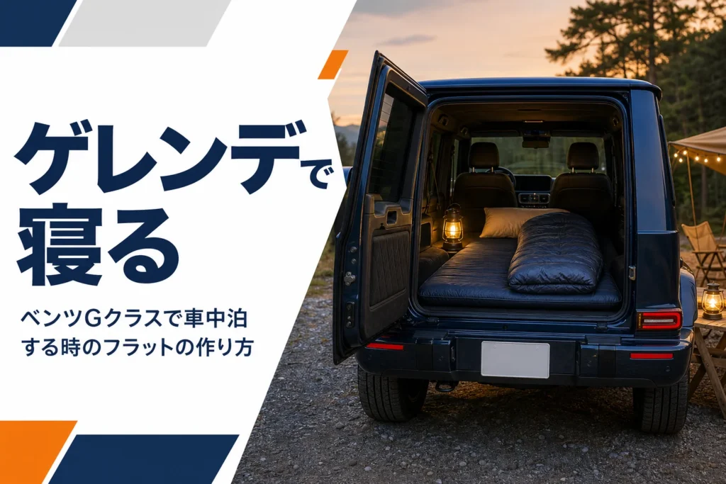後席を倒した四角いSUVの荷室にマットと寝袋を敷いたキャンプ場の夕暮れ