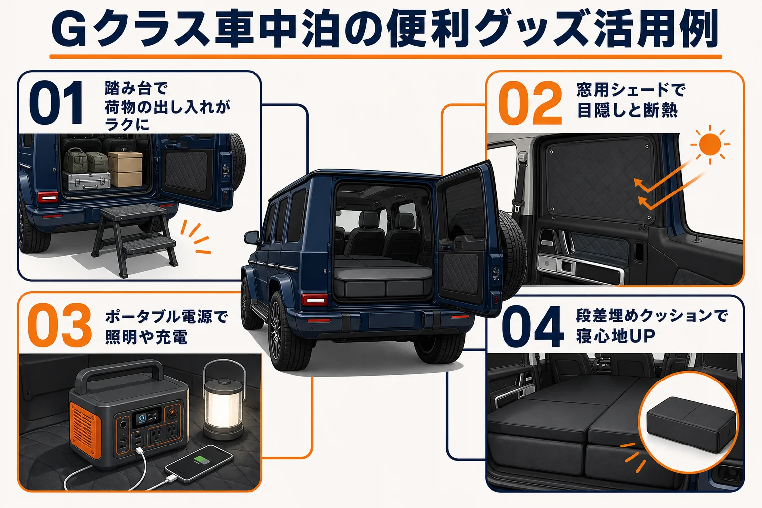 Gクラス車中泊で便利な持ち物の使い方をまとめた図解