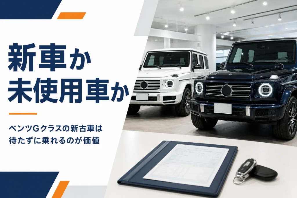 展示場に並ぶ2台の四角いSUVと車検証ファイルを写したGクラスの新古車記事のアイキャッチ
