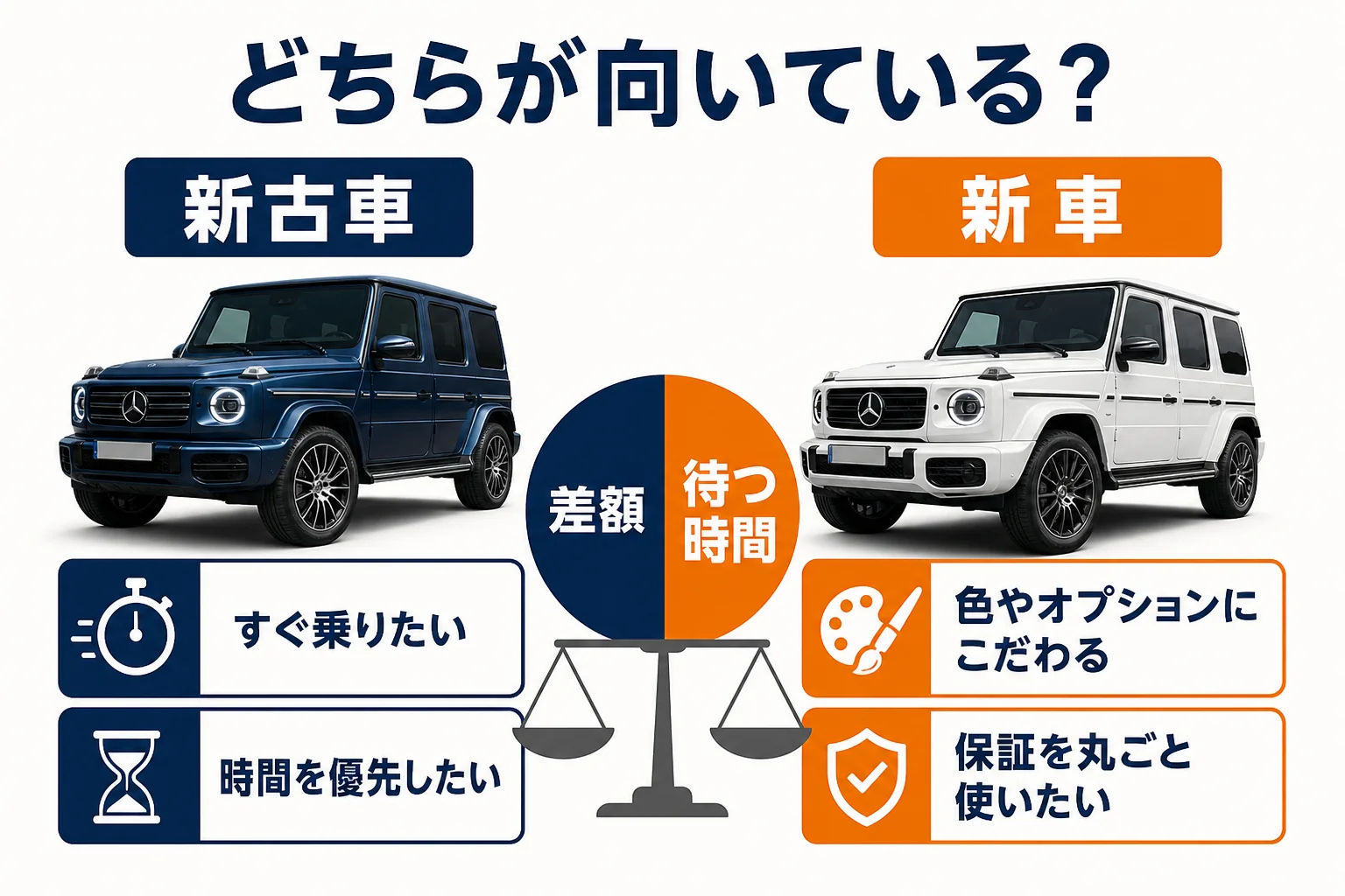 ベンツGクラスで新車と新古車のどちらが向いているかを人ごとに示した図解