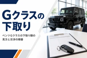 商談テーブルの見積書とガラス越しに見える角ばった黒いSUV