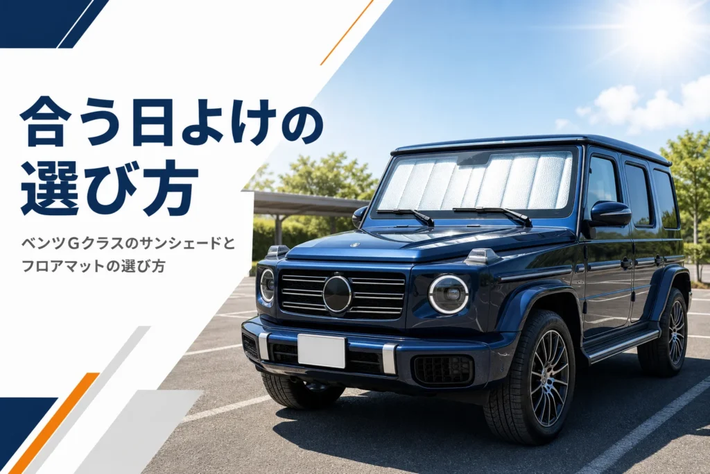 立ったフロントガラスにサンシェードを広げた四角いSUVを写したGクラスのサンシェード記事のアイキャッチ