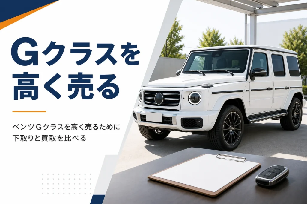 査定スペースに停まる角ばった白いSUVと書類