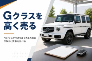 査定スペースに停まる角ばった白いSUVと書類
