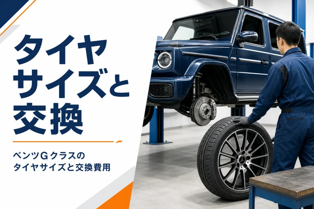 タイヤ店の作業場で大型SUVの横に置かれた大径の新品タイヤ