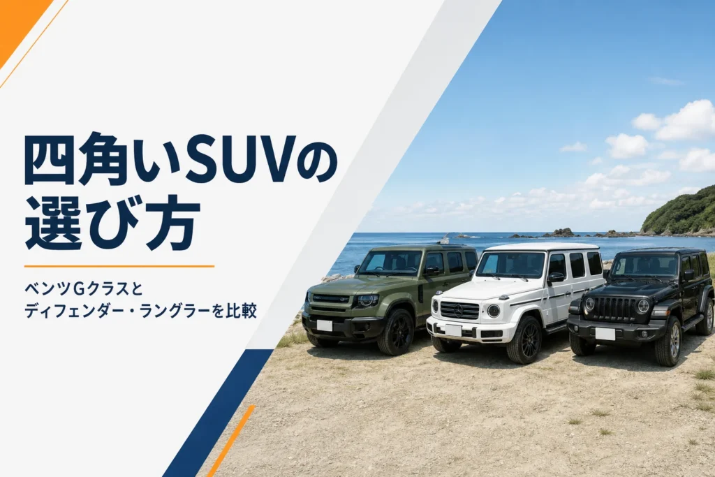 海沿いのキャンプ場に並んだ3台の箱型オフロードSUV