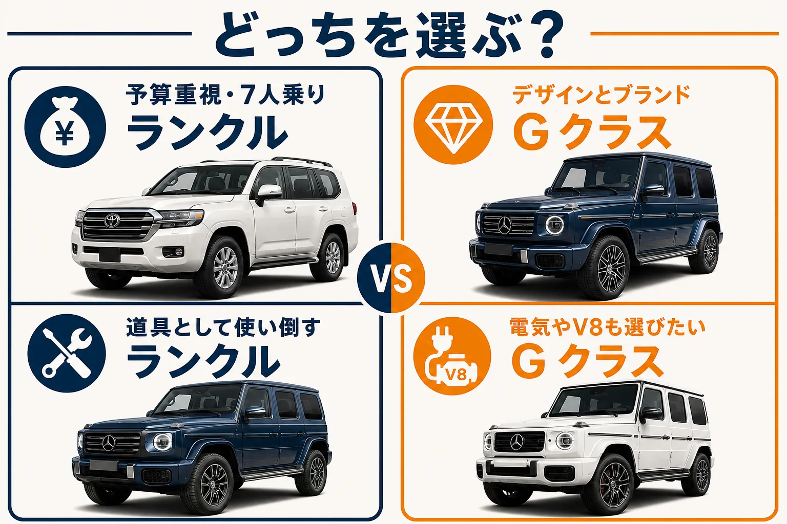 ゲレンデとランクルのどちらが向いているかを使い方別に分けた図解