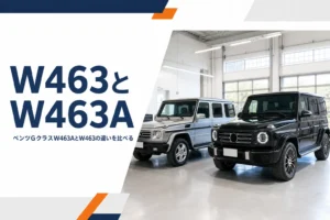ガレージに並ぶ新旧2台の四角いSUVで、GクラスW463とW463Aの違いを紹介する記事のアイキャッチ