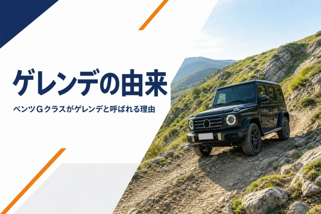 野山の未舗装路を走る四角いSUVで、ゲレンデという呼び名の由来を紹介する記事のアイキャッチ
