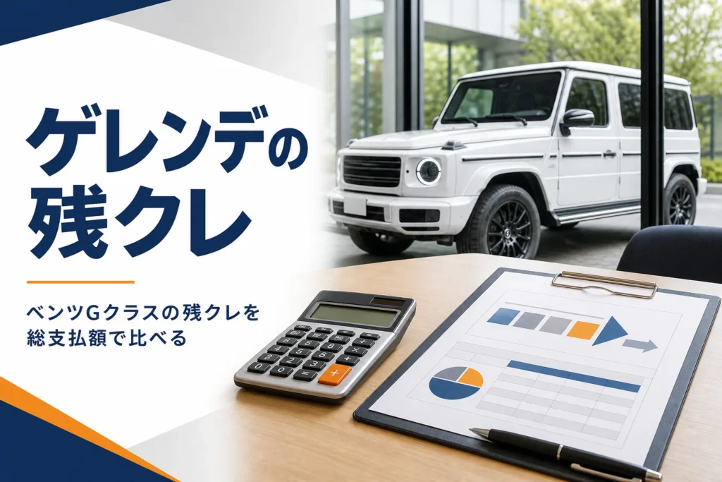 電卓と書類の置かれた商談テーブルと窓の外の角ばった白いSUV